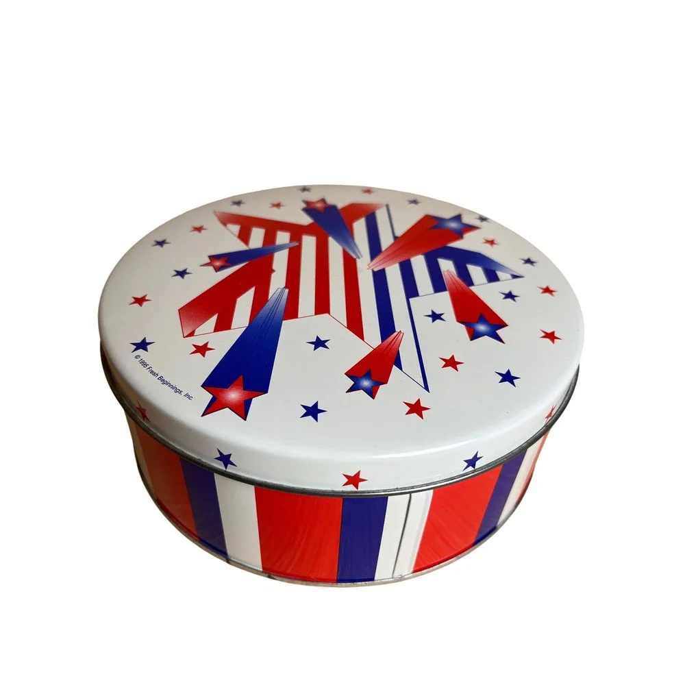 Vintage 1995 Fresh Beginnings Patriotic Stars and Stripes Round Cookie Tin